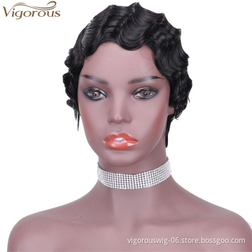 Vigorous Pixie Cut Black Short Curly Wigs for African American Women Real 100% Human Hair Finger Wave Wig